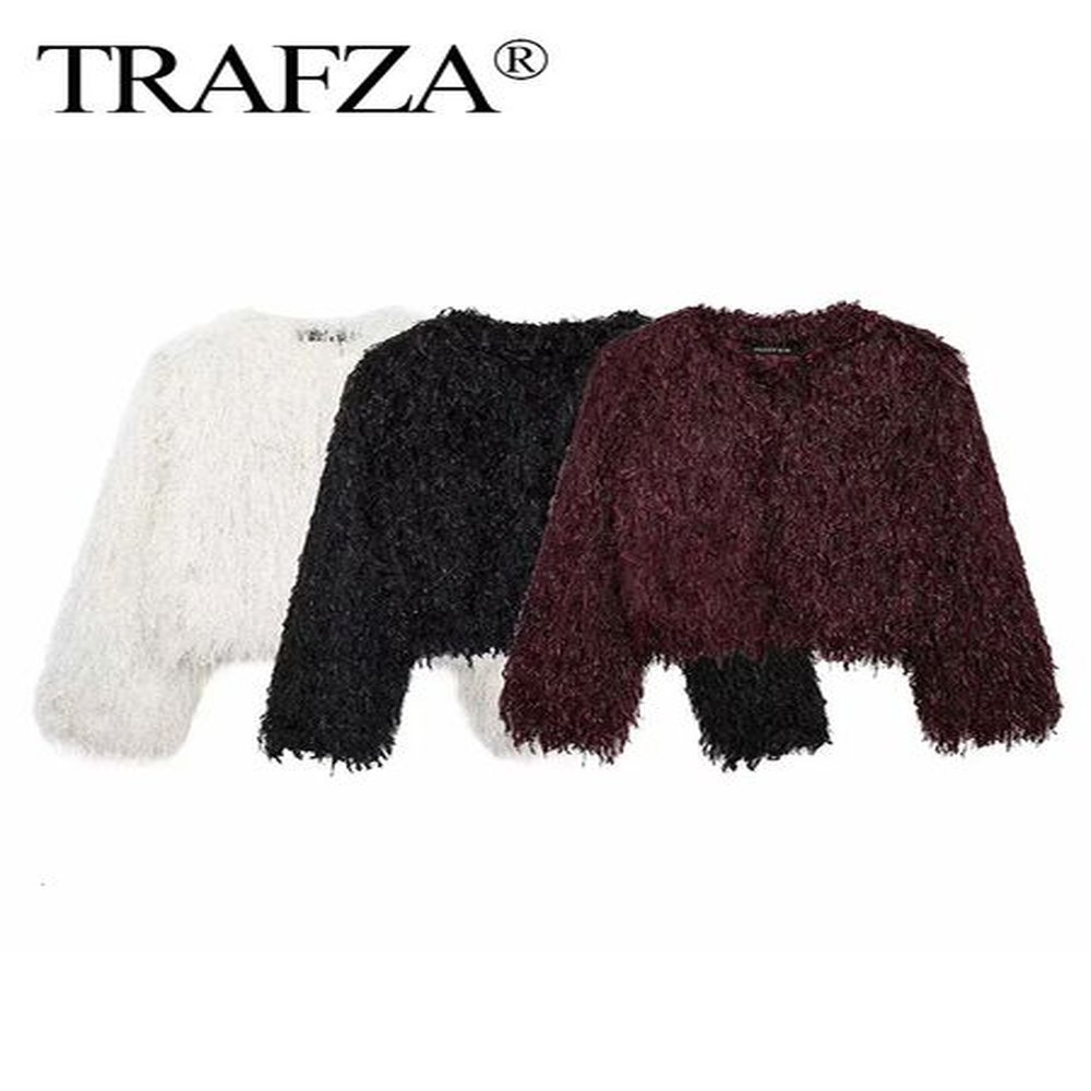 trafza womens faux fur cropped jacket oneck long sleeve thick
