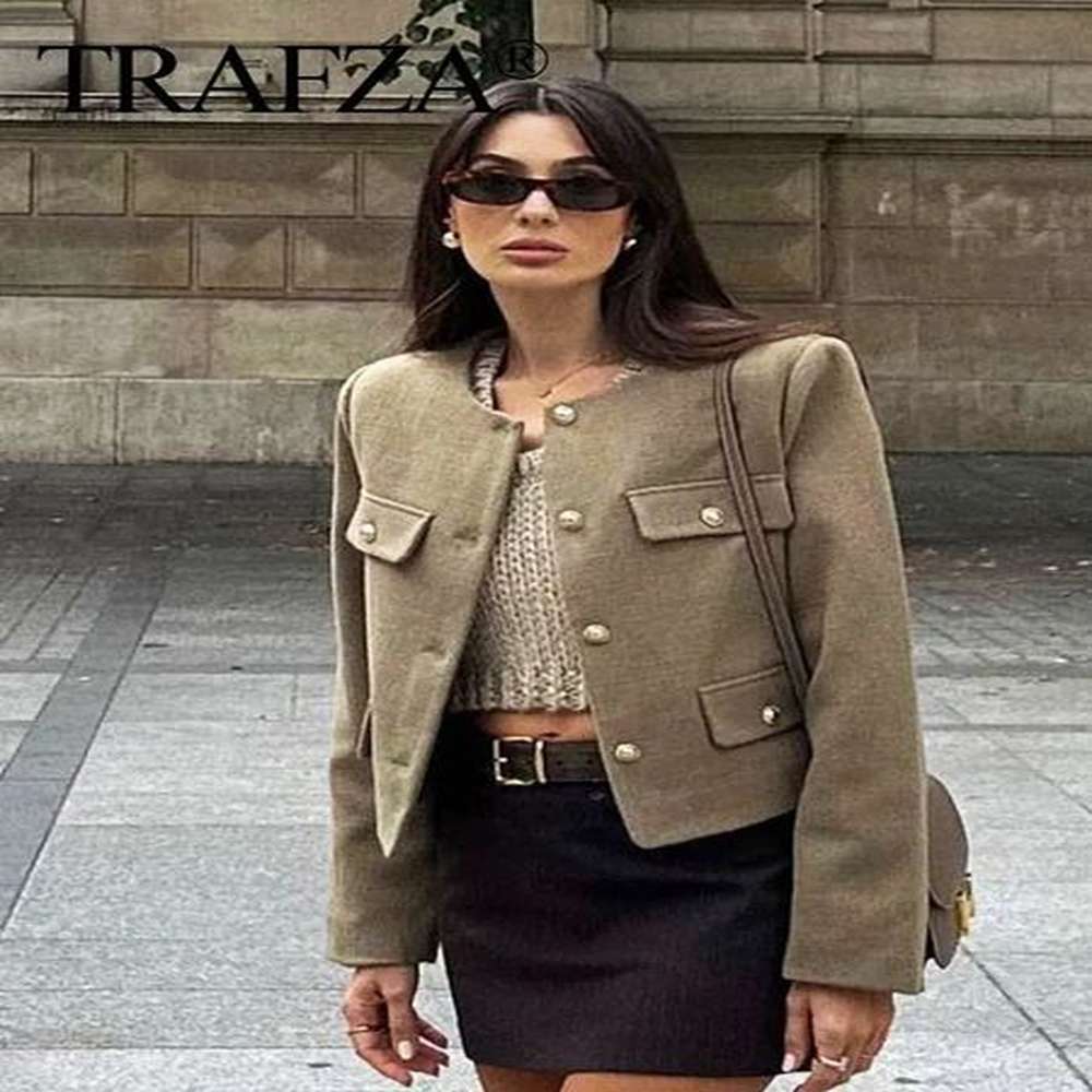trafza womens jacket front flip pocket long sleeve oneck jacket