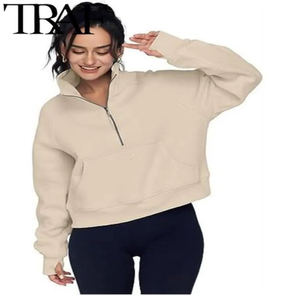 Trautumnwinter Womens Sports Half Zip Yoga Suit Loose Standing Collar Plus Plush Sweater Hoodies Warm Casual Pink