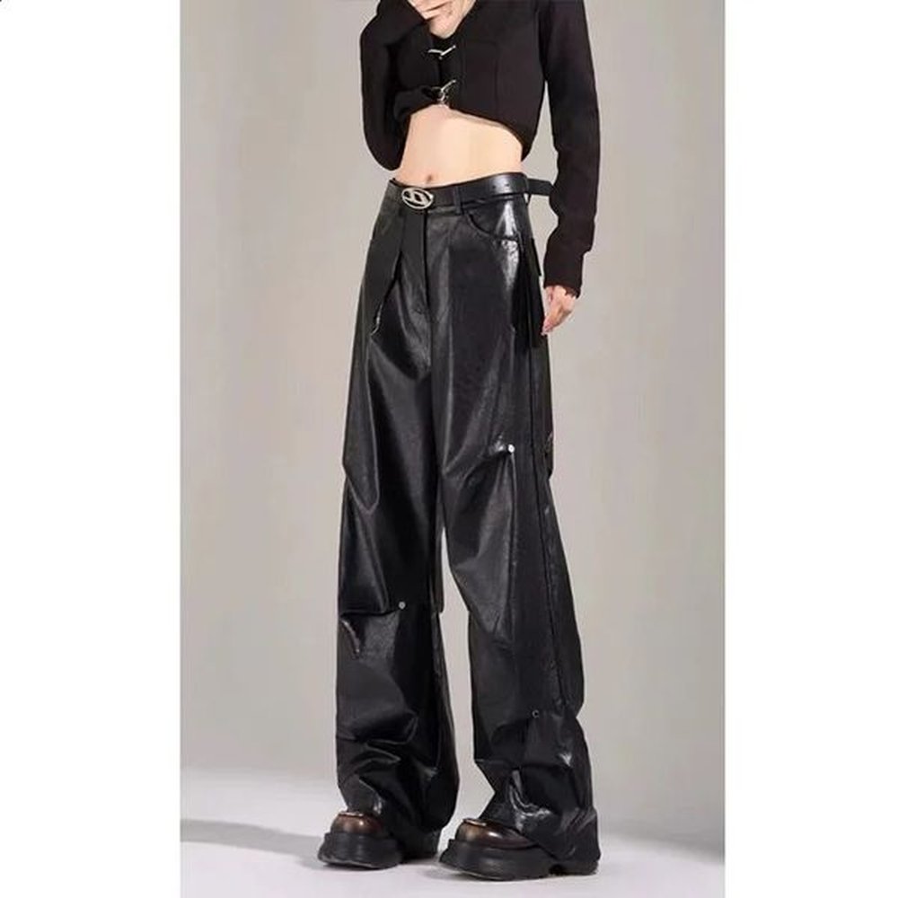 trendy autumn american retro oversize leather pants for women loose