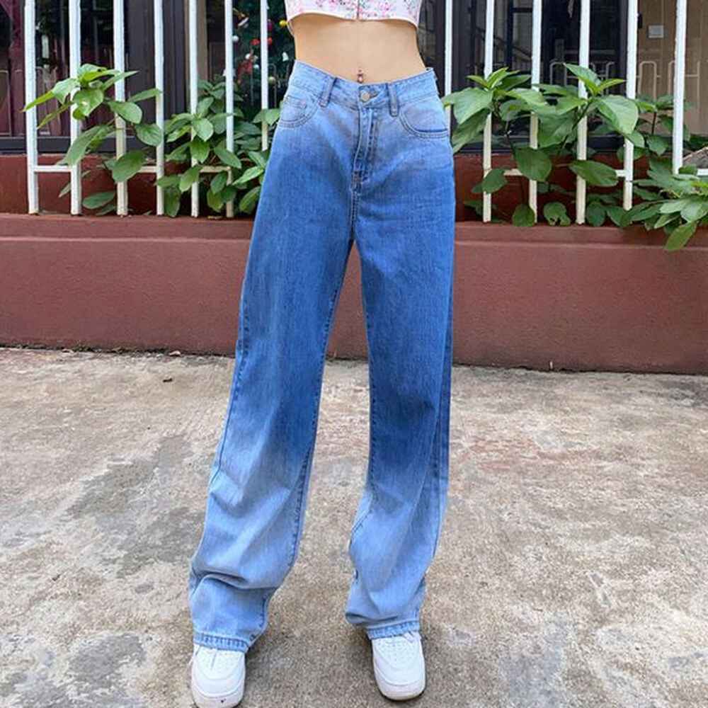 trendy high waist elastic loose gradient womens jeans new