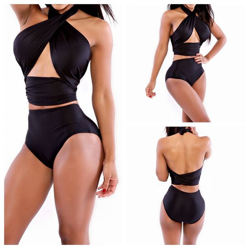 trendy women summer bikini halter neck swimwear solid middle waist