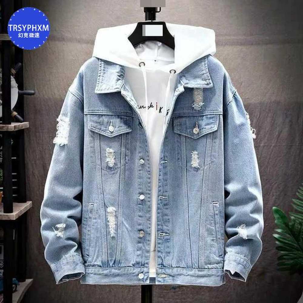 TRSYPHXM Autumn New Light Blue Denim Lapel Jacket For Men, Teenagers, Casual Versatile Top Jacket, Men's Clothing