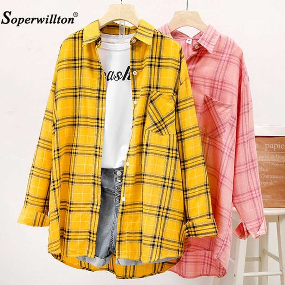 tshirt autumn cotton plaids women loose blusas high quality fashion