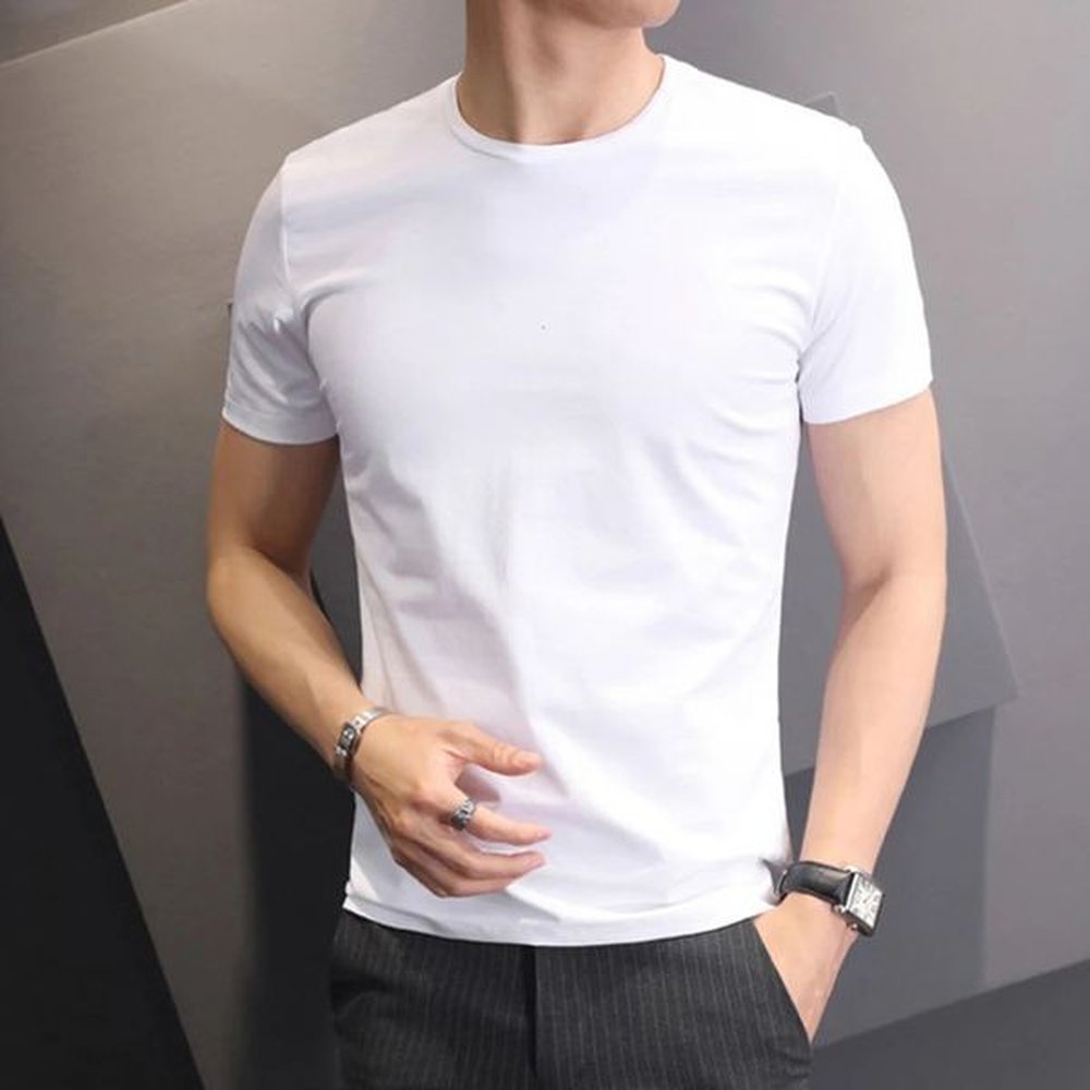 T-shirt White Black Short-sleeved Mens Clothing Slim Round Neck Bottoming T Shirt Trendy Casual Solid Color 240126