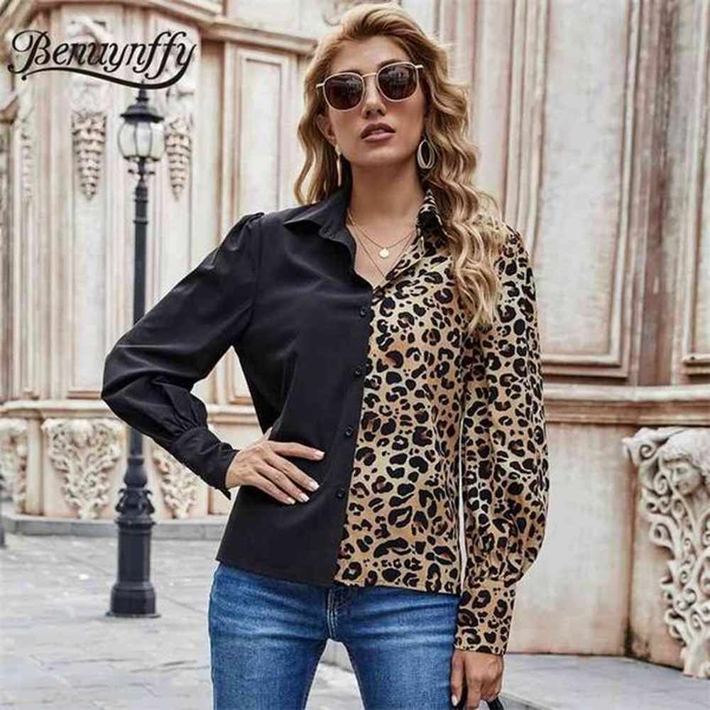 turndown collar leopard print colorblock shirt women legofmutton sleeve button