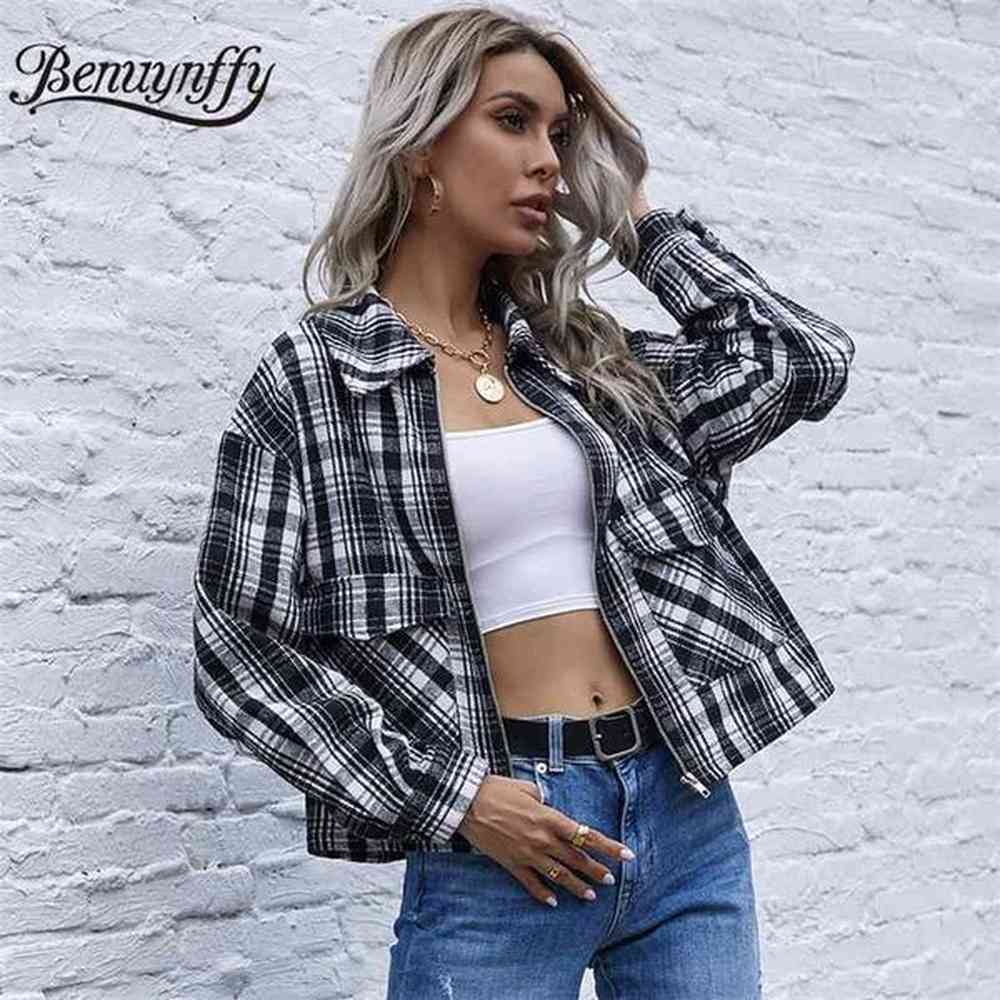 turndown collar tartan plaid jacket coat women autumn vintage drop