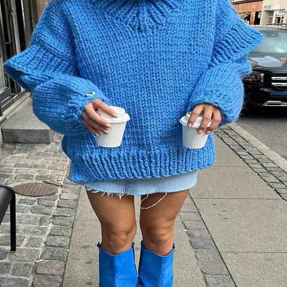 turtleneck lantern sleeve womens sweater solid knit oversized pullover