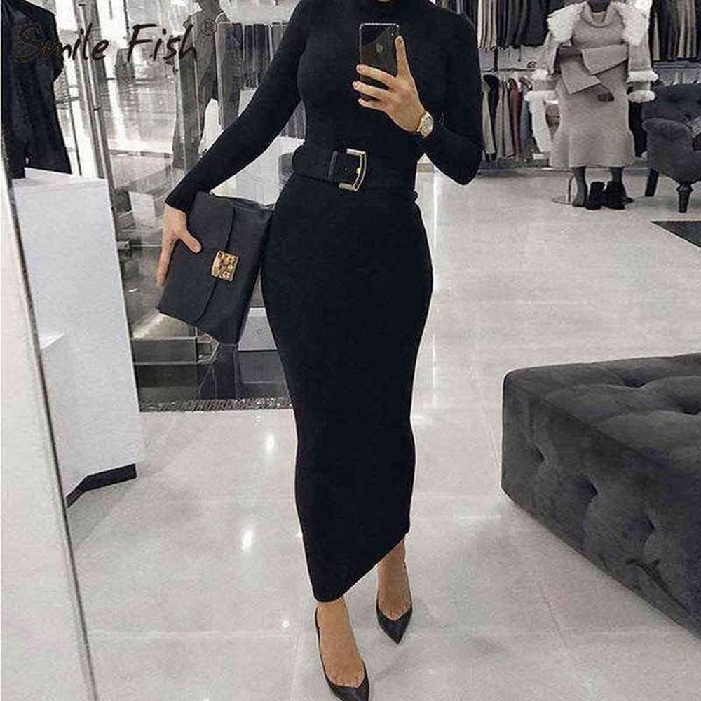 turtleneck long dress autumn winter muslim elegant office lady skinny