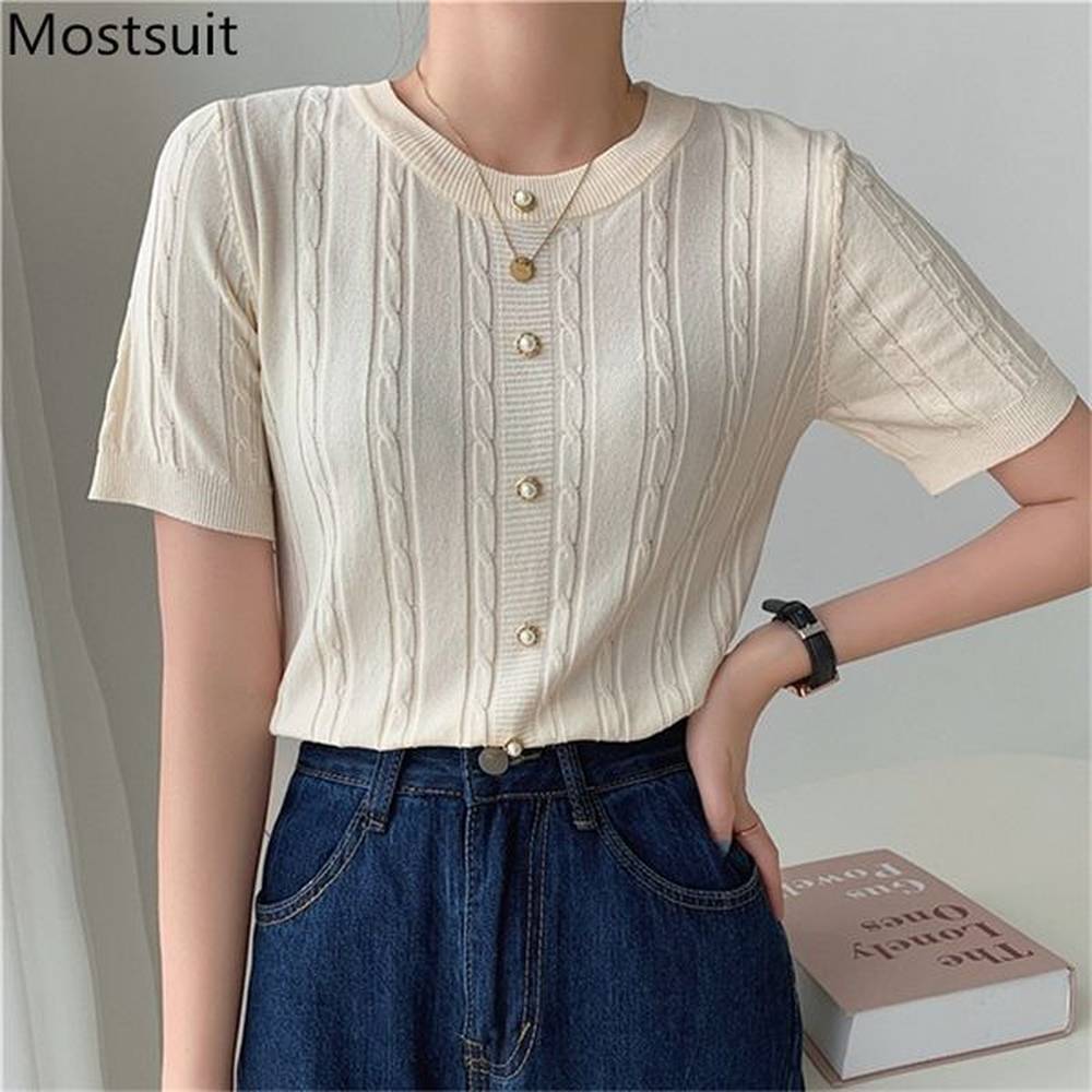 twisted knitted single breasted pullover tops women summer short sleeve