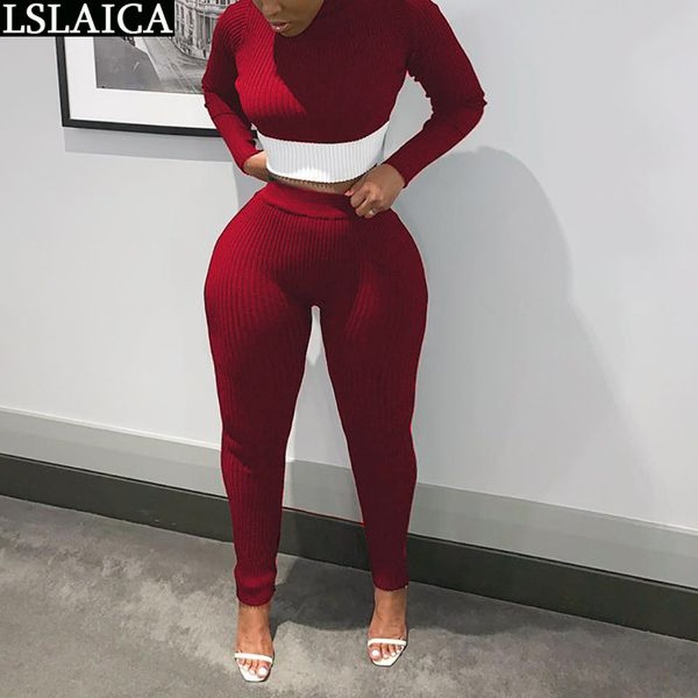 two peice set for women long sleeve toplong pants knitted