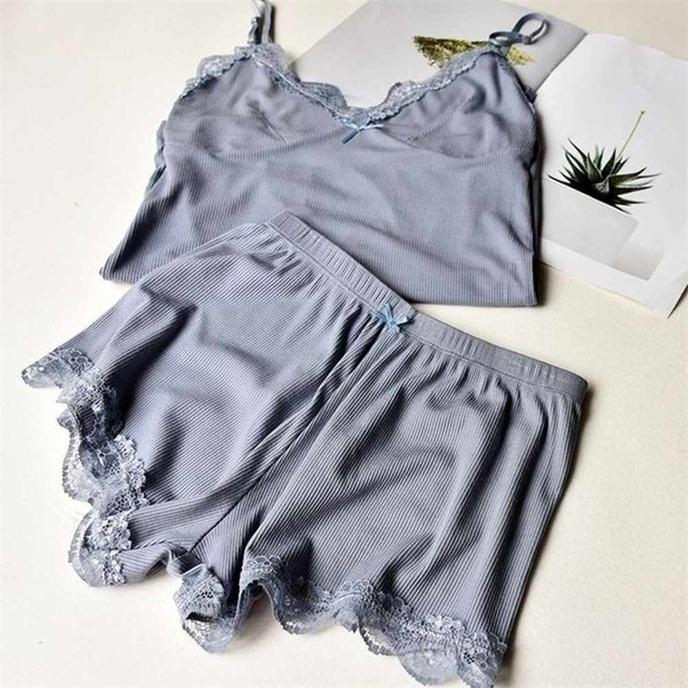 two piece cotton pajamas set for women sexy lace top