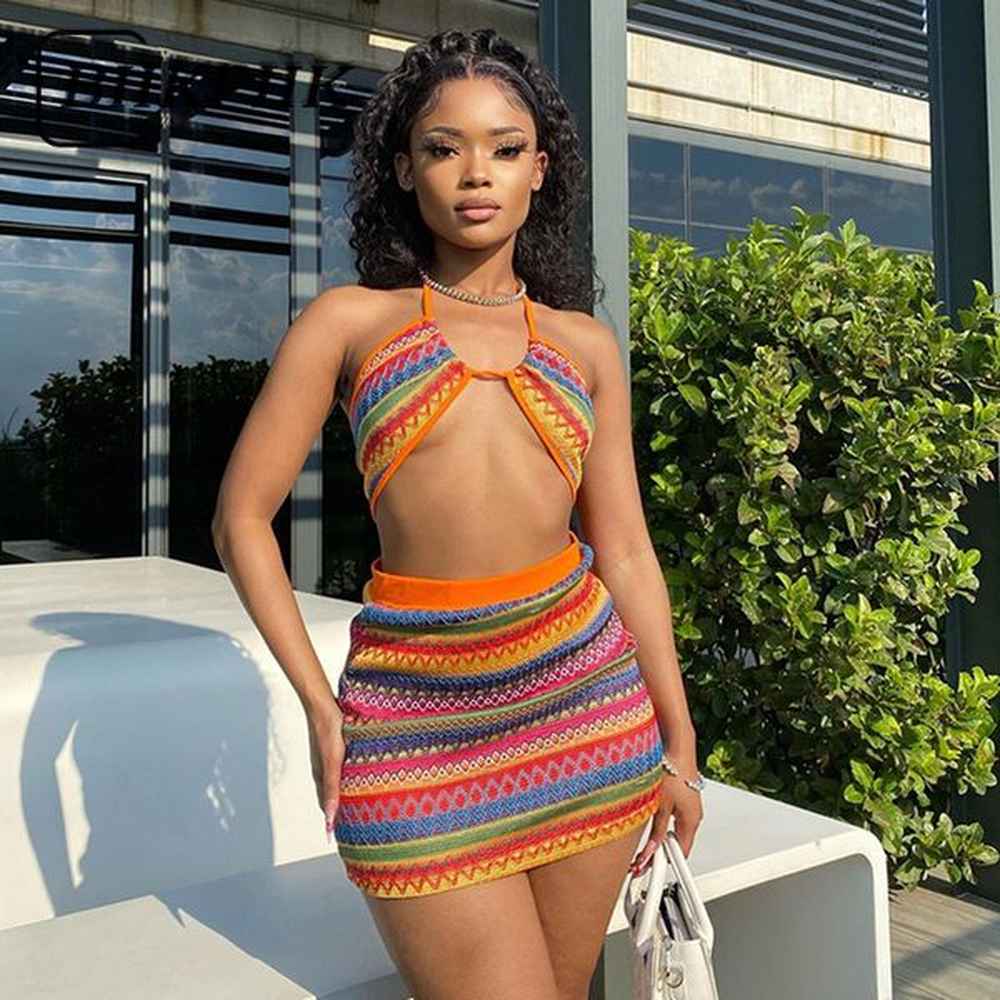 two piece dress biikpiik knitted stripted vacation sets halter tanks