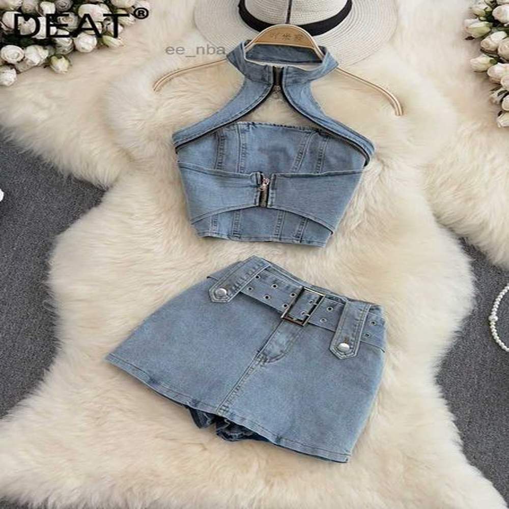 two piece dress deat women halter backless sexy denim top