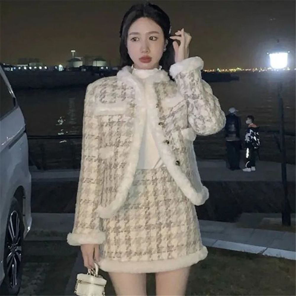 two piece dress elegant small fragrance wind tweed plaid mini