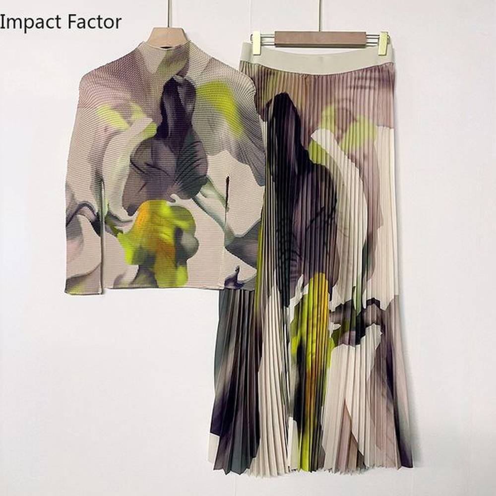 two piece dress miyake pleated women suit slim western print