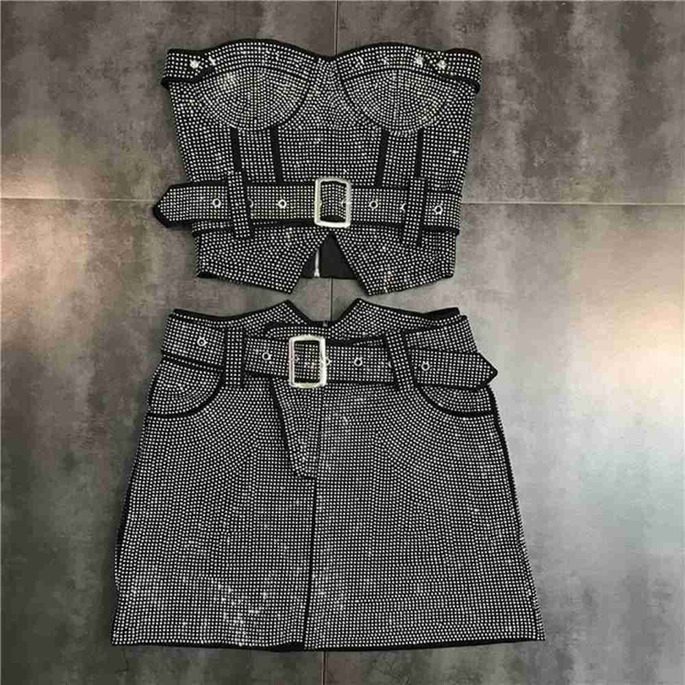 two piece dress prepomp sleeveless strapless diamonds black slim tank