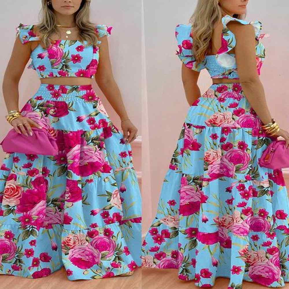 two piece dress ral print shirred crop top maxi skirt