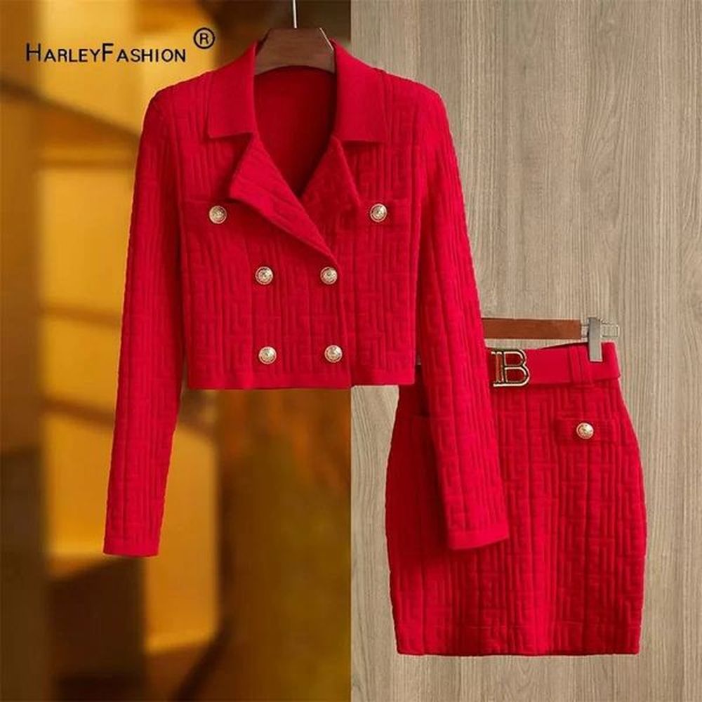 two piece dress retro style solid geometric pattern knit suit