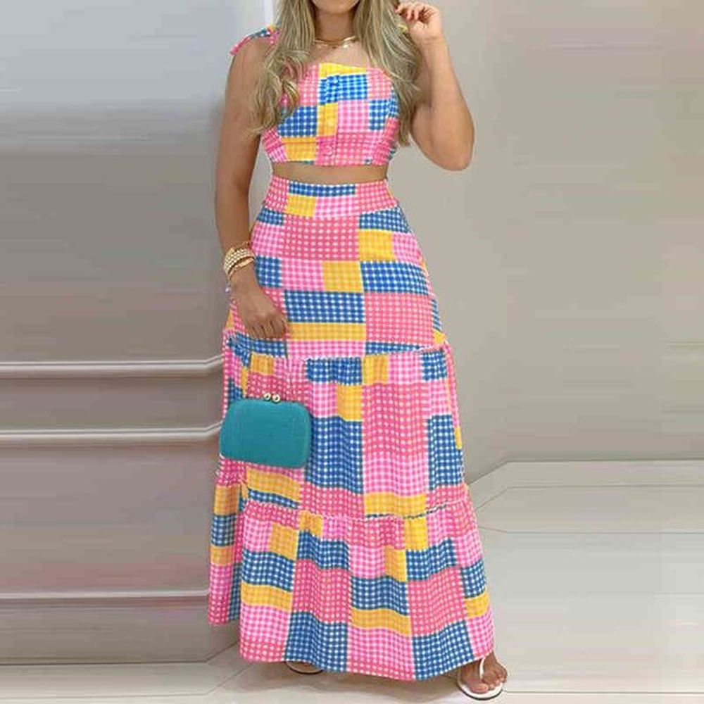 two piece dress set sleeveless camisole and plaid skirt set