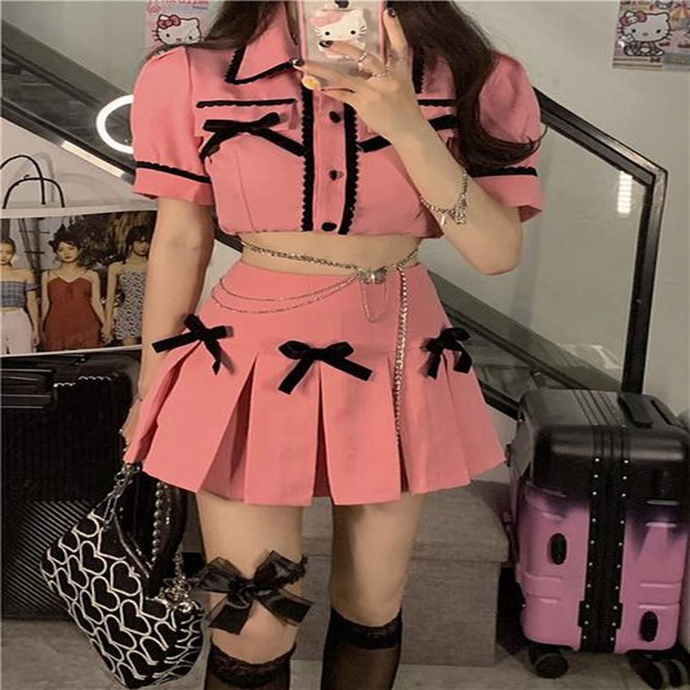 two piece dress sexy jk pink pleated skirt mini bow