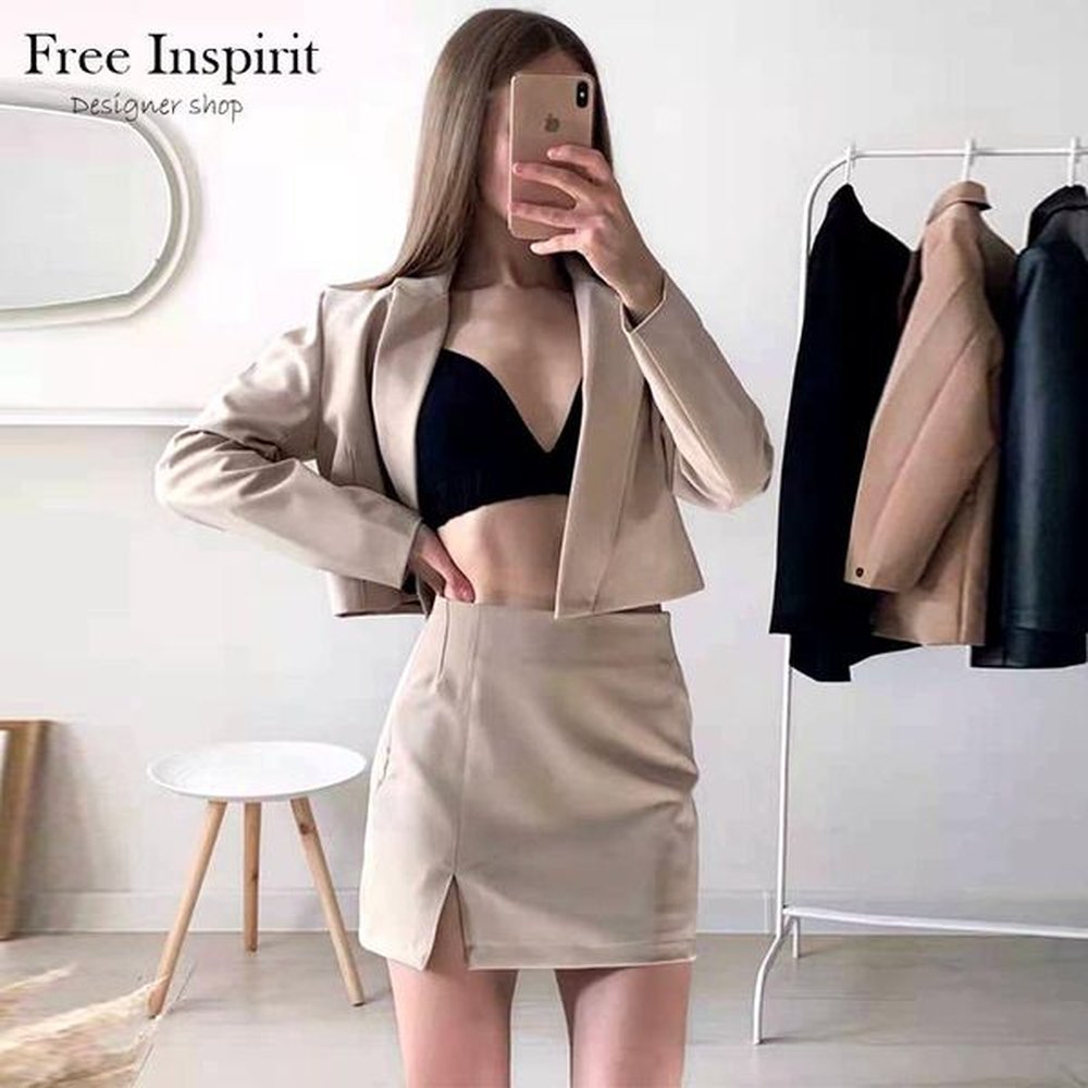 two piece dress spring womens solid short suit coat lapel