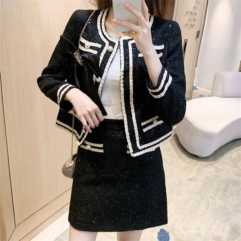 two piece dress tweed elegant suit women autumn winter patchwork