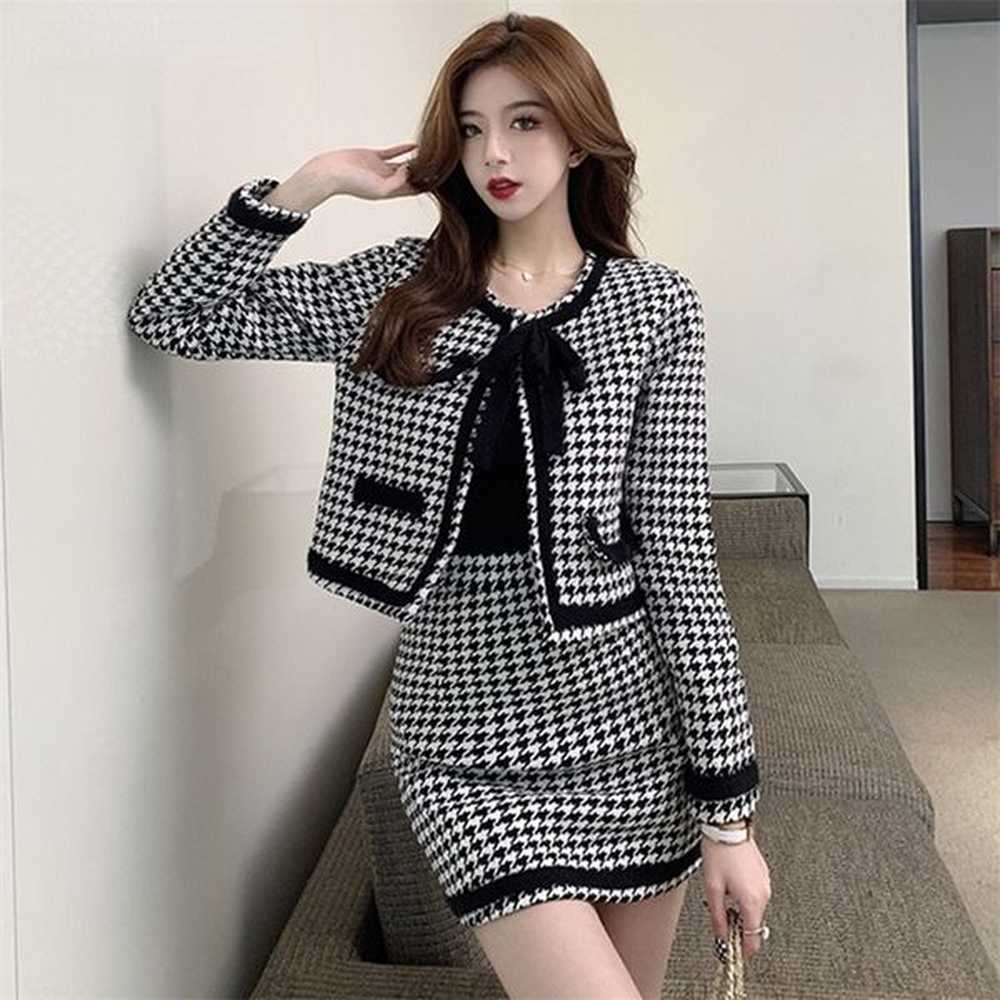 two piece dress vintage houndstooth woolen suit women elegant plaid