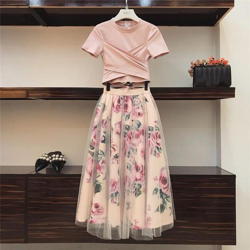 two piece dress women print rose set spring summer