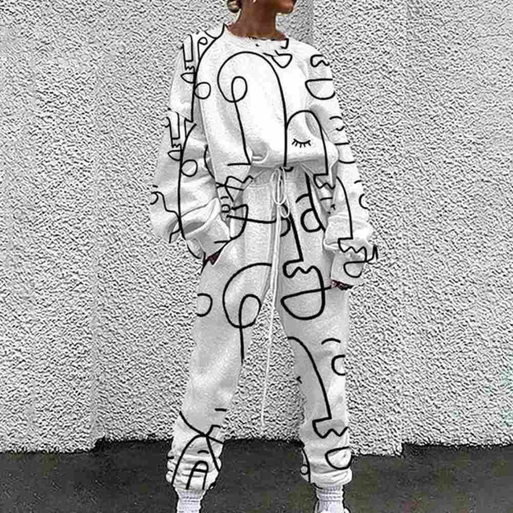 two piece set chic abstract print long sleeve tracksuit female