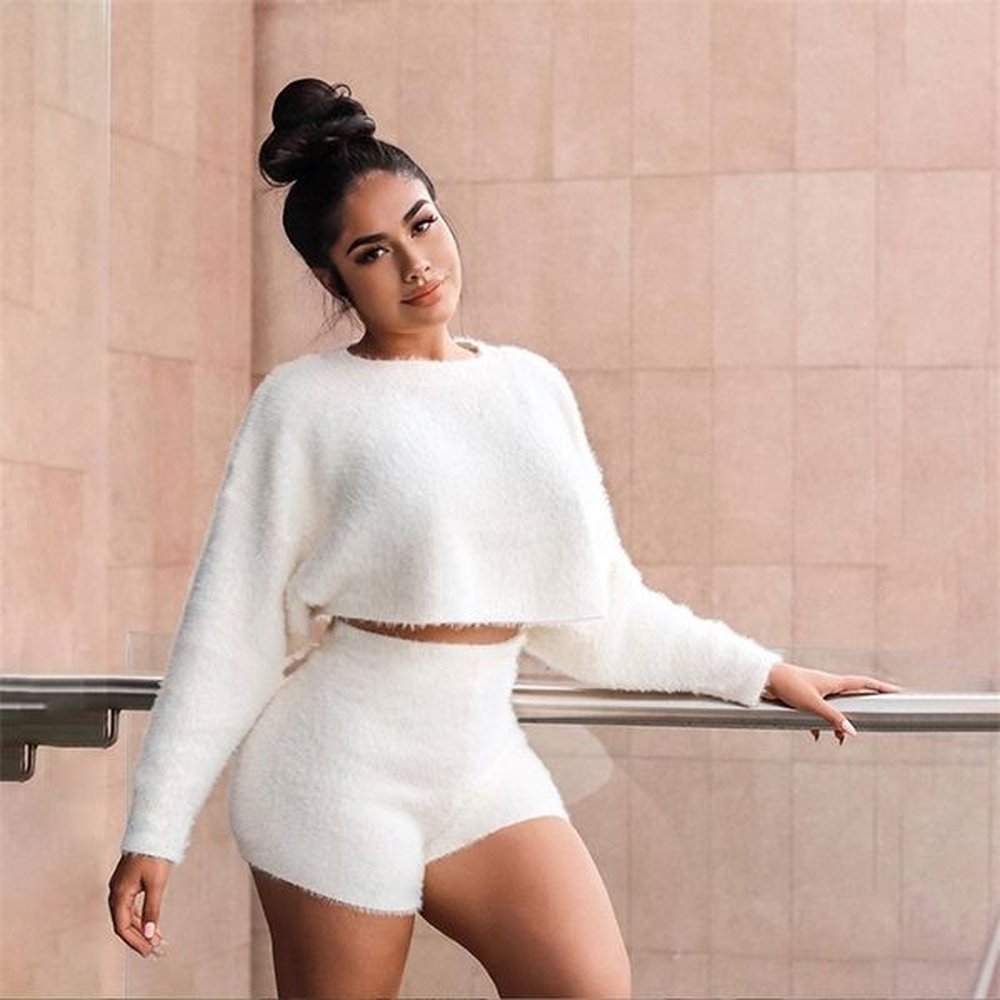 two piece set women sweater shorts suit long sleeve fleece
