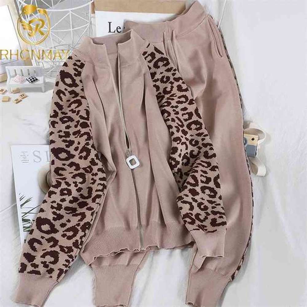 two piece tracksuit long sleeve coat and trousers fashion leopard