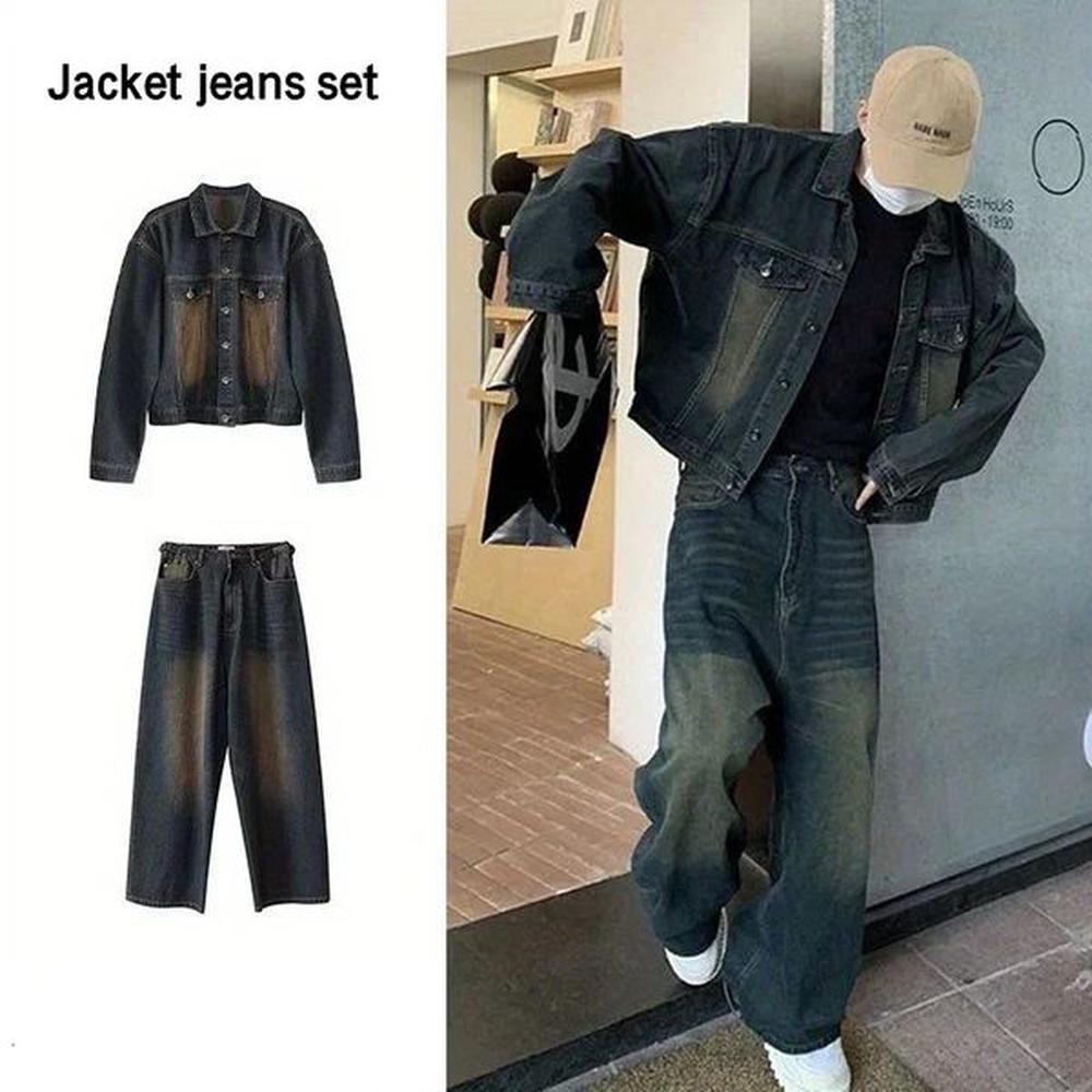 Two piecesingle piece spring summer autumn jacket jeans Tracksuit Trendy vintage loose washed old mens street 241008