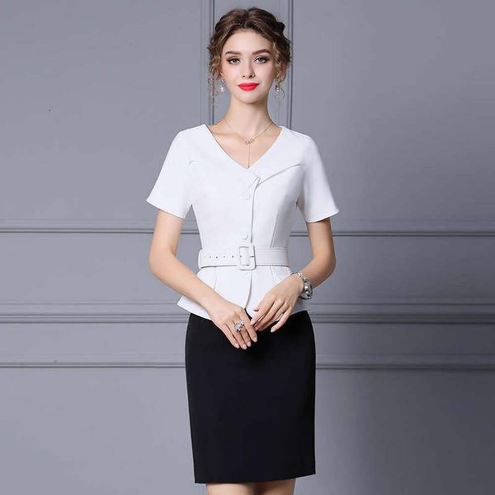 twopiece fashion set age reducing white vneck top black hip