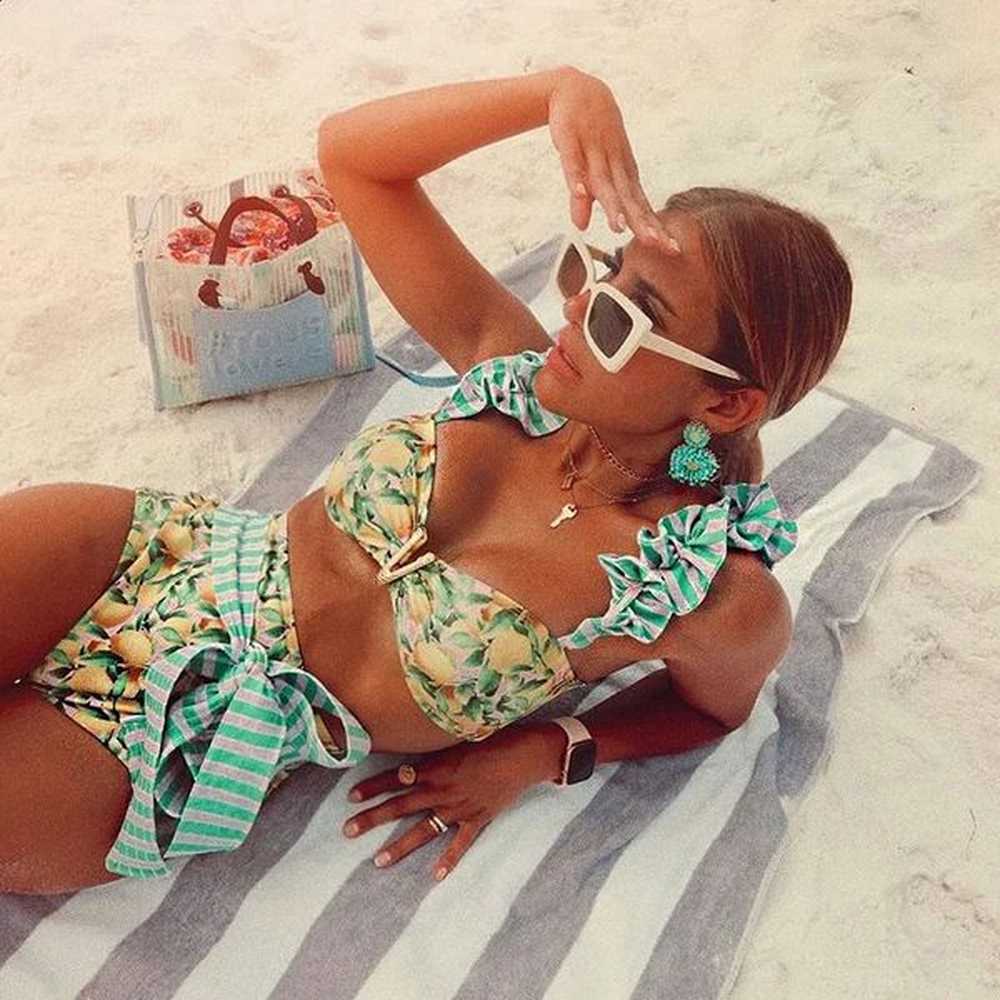 twopieces women floral pushup padded bra ruffles bandage bikini