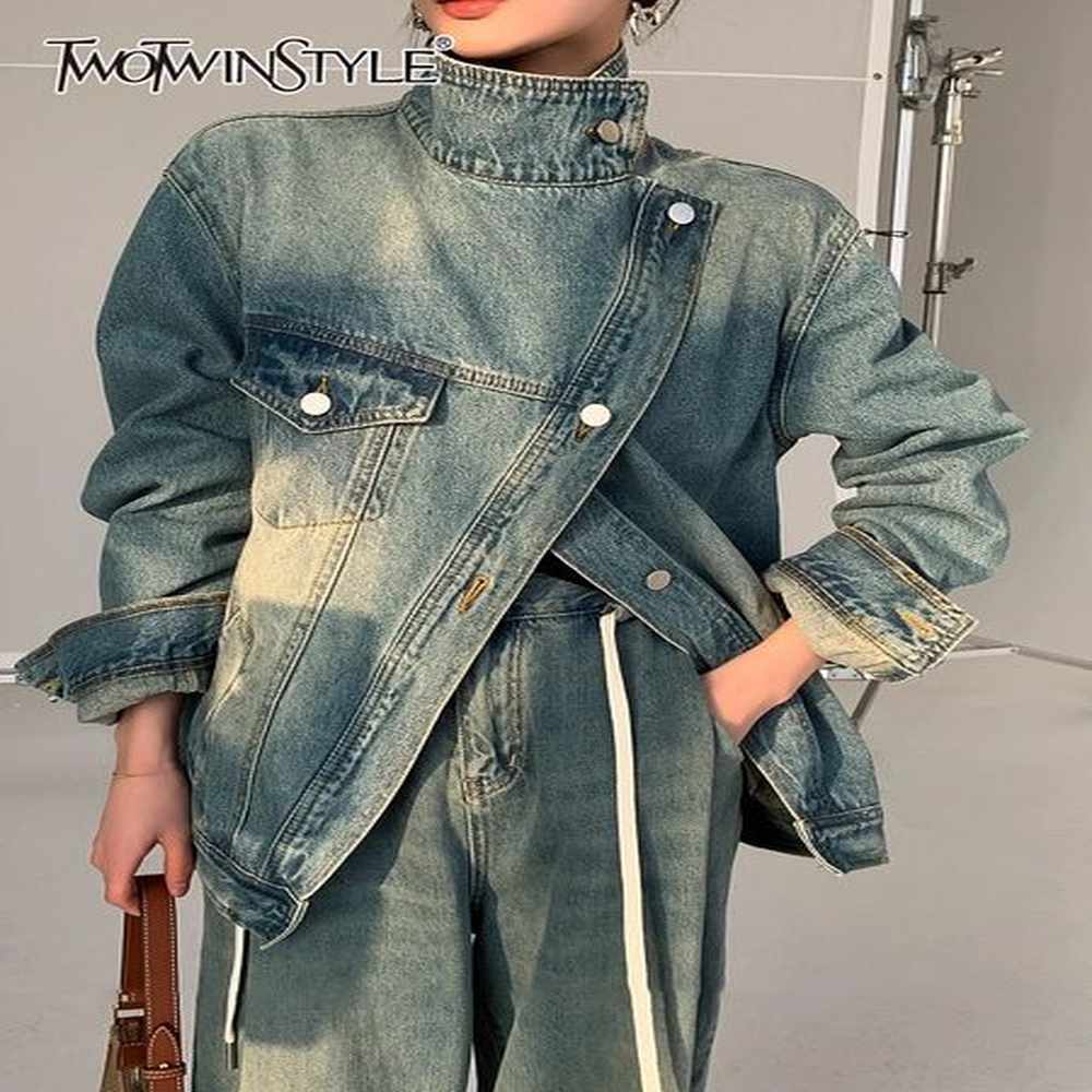 twotwinstyle denim vintage jackets for women lapel long sleeve patchwork