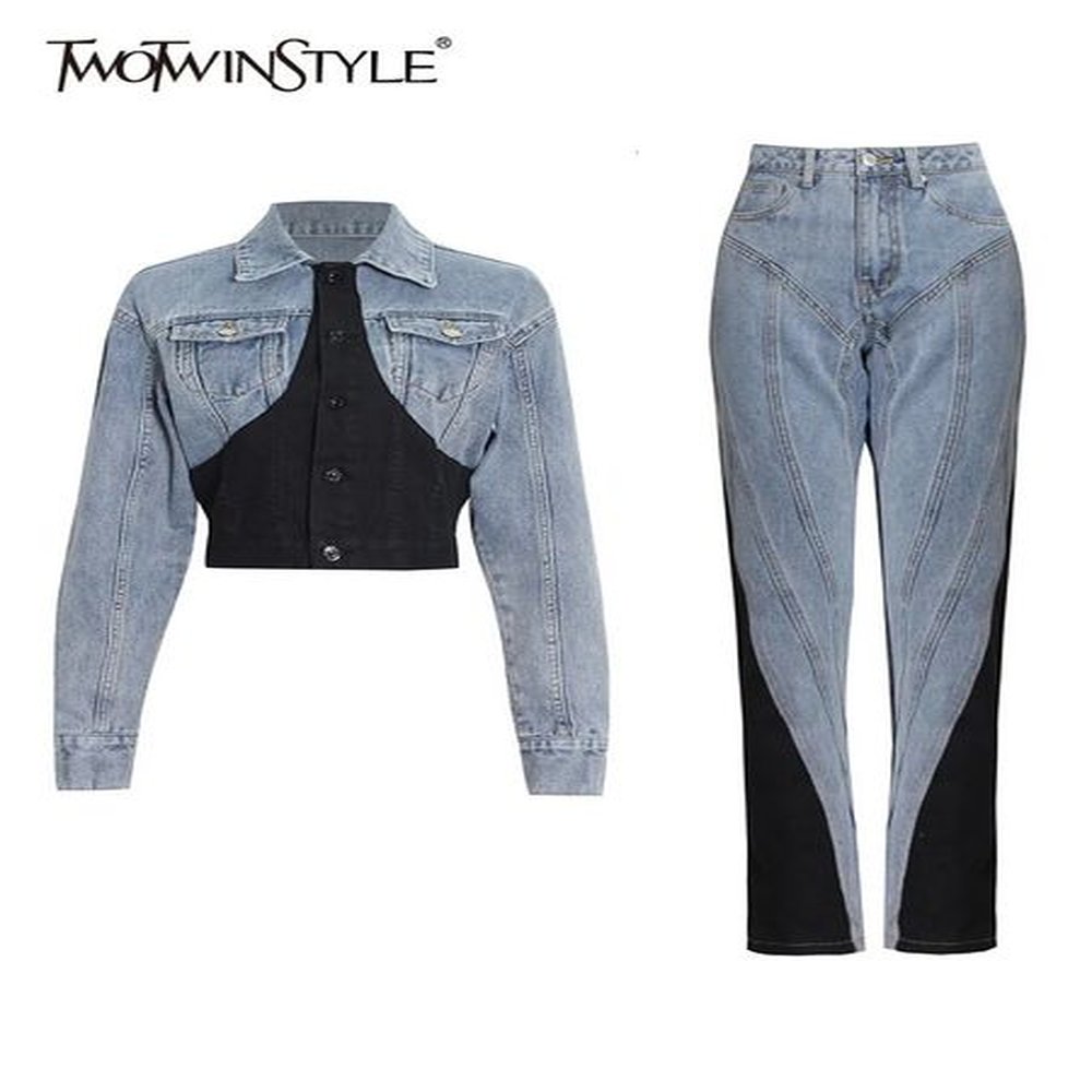 twotwinstyle hit color patchwork denim two piece sets women long