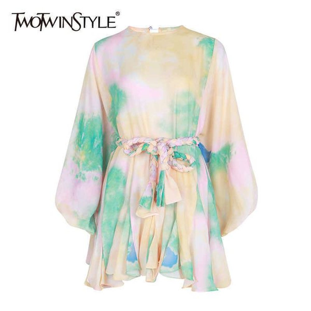 twotwinstyle hit color print dresses women long sleeve o neck