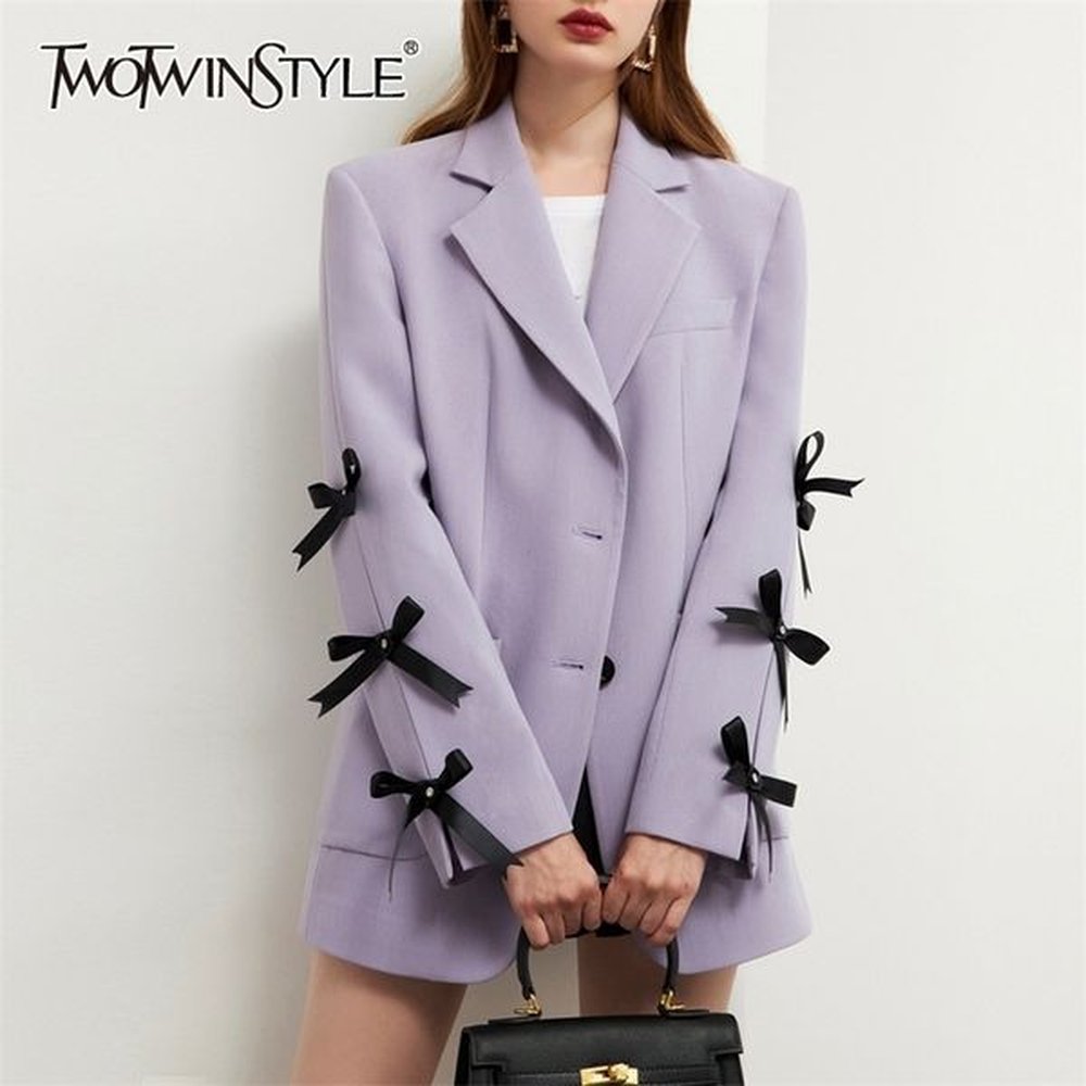 twotwinstyle patchwork bowknot hit color blazer for women notched long