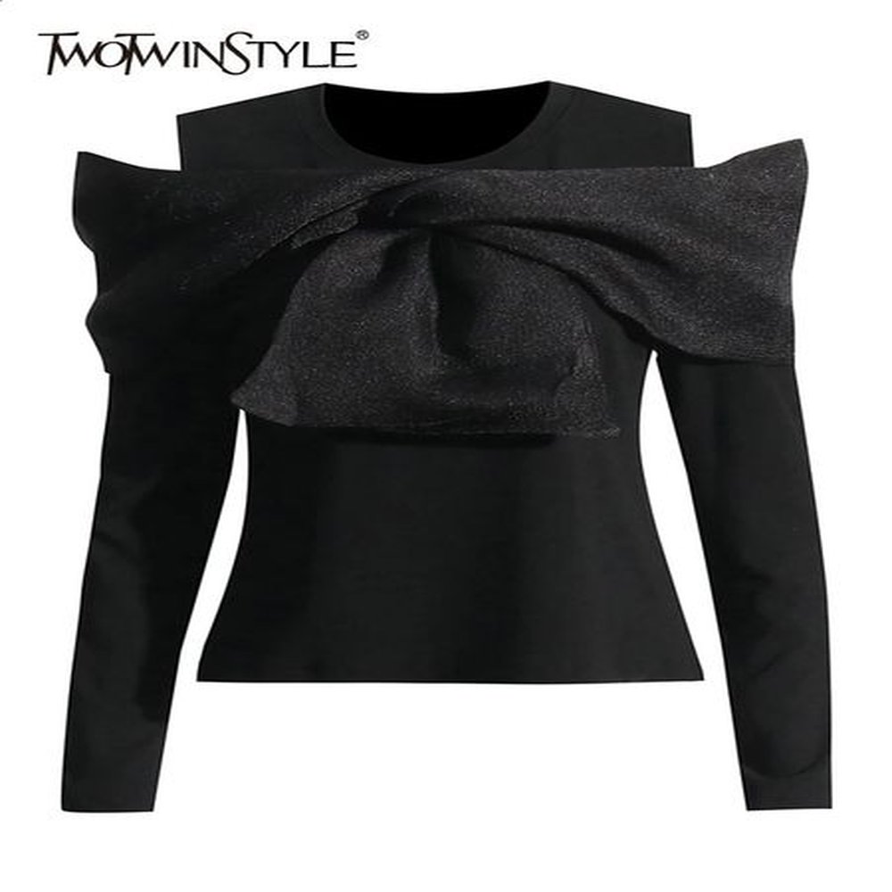 twotwinstyle solid patchwork bowknot t shirt for women round neck
