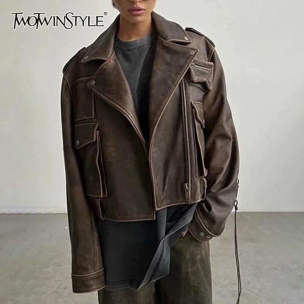 twotwinstyle streetwear pu leather patchwork pockets jackets for women lapel