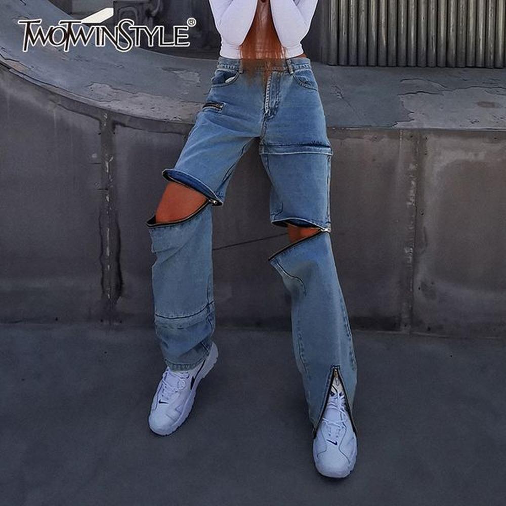 twotwinstyle streetwear zipper jeans for women high waist straight casual