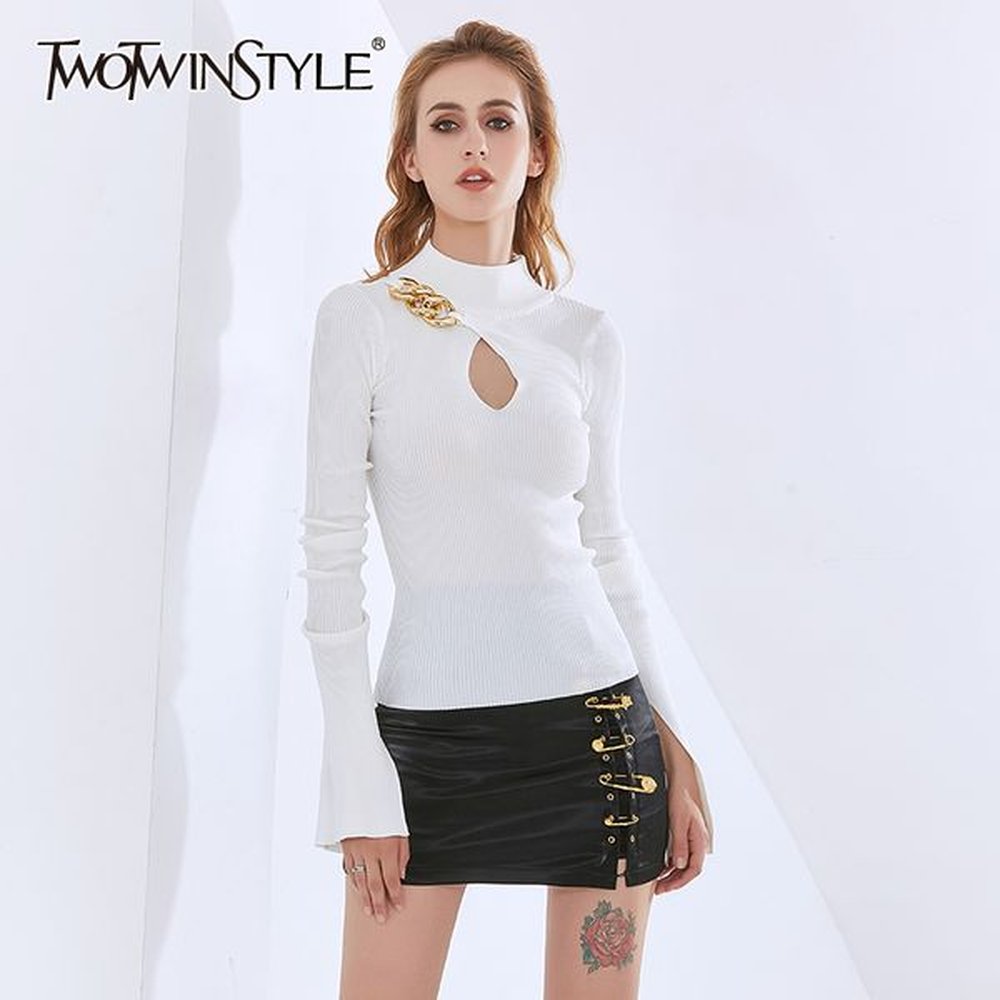 twotwinstyle thin sweater for women turtleneck long sleeve slim hollow