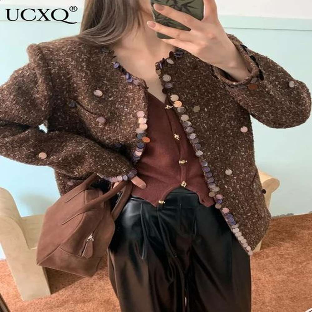 ucxq fashion tweed jacket korean style o neck sequin splicing