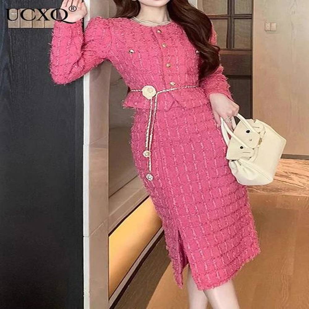 ucxq korean style elegant pink tweed cardigan top split skirt