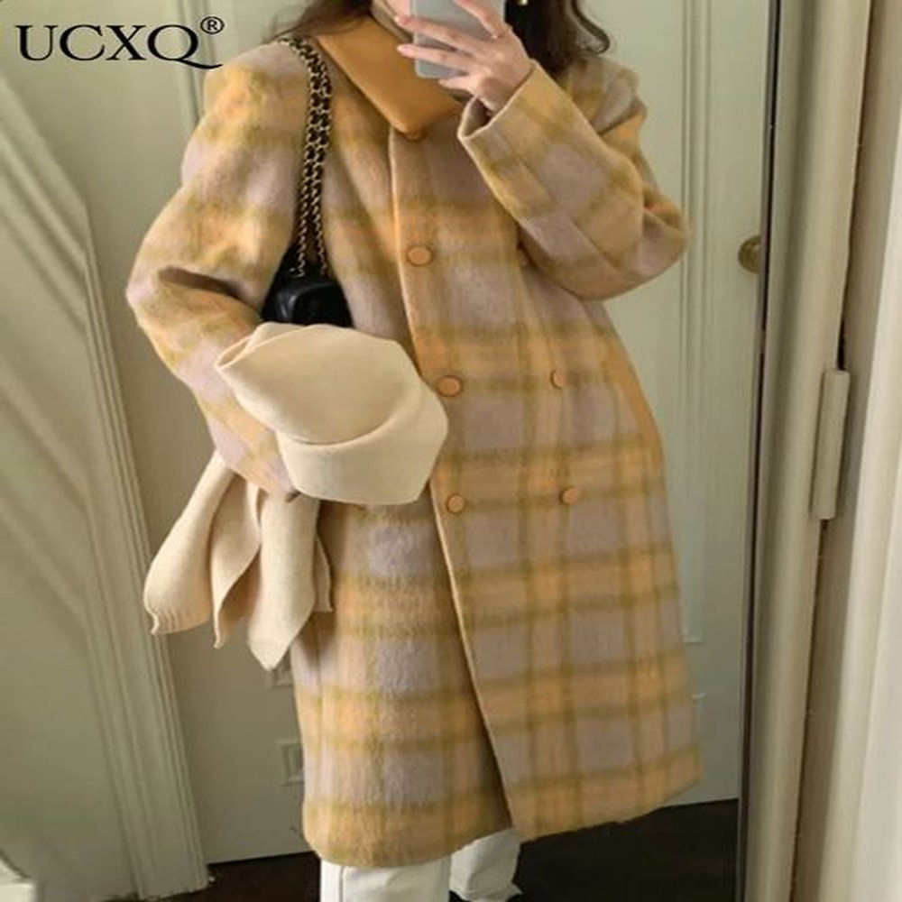 ucxq vintage womens jacket korean style double breasted contrasting color
