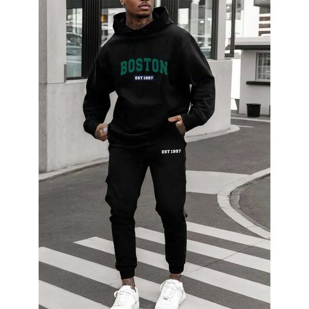 uits Boston Print Hoodies Pants Suit Autumn Winter Fleece Casual Tracksuit Set Streetwear Mens Womens Loose Sports Hooded Pullovers S251135