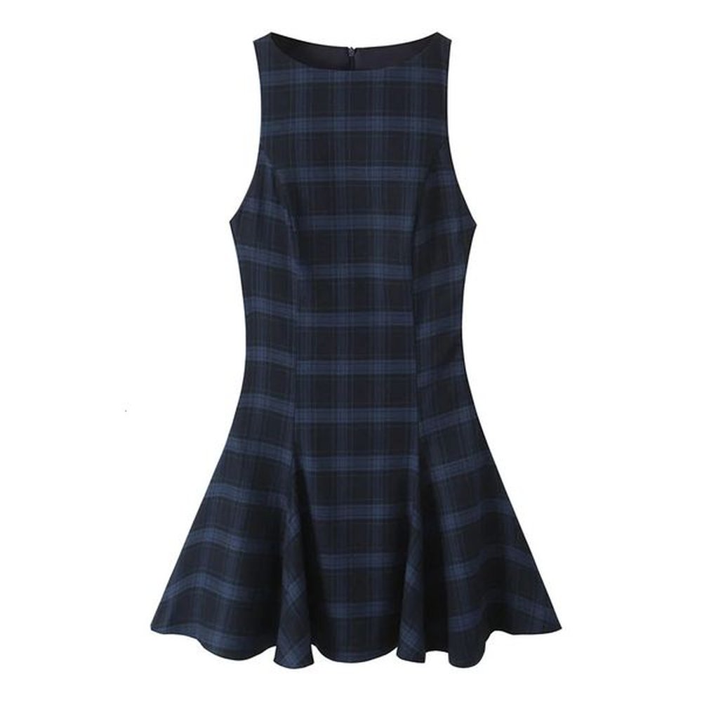 unizara retro slim fit plaid sleeveless round neck wide swing