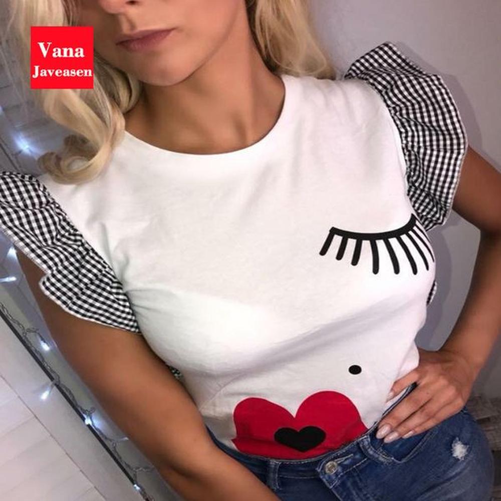 vana javeasen women ruffle fashion tshirt eyelashes red lips print