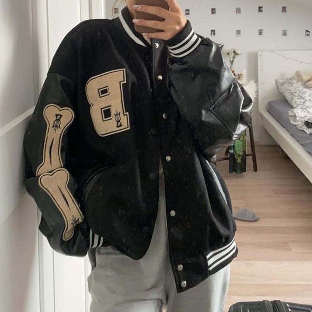 varsity baseball bomber jacket women hip hop harajuku bone letter